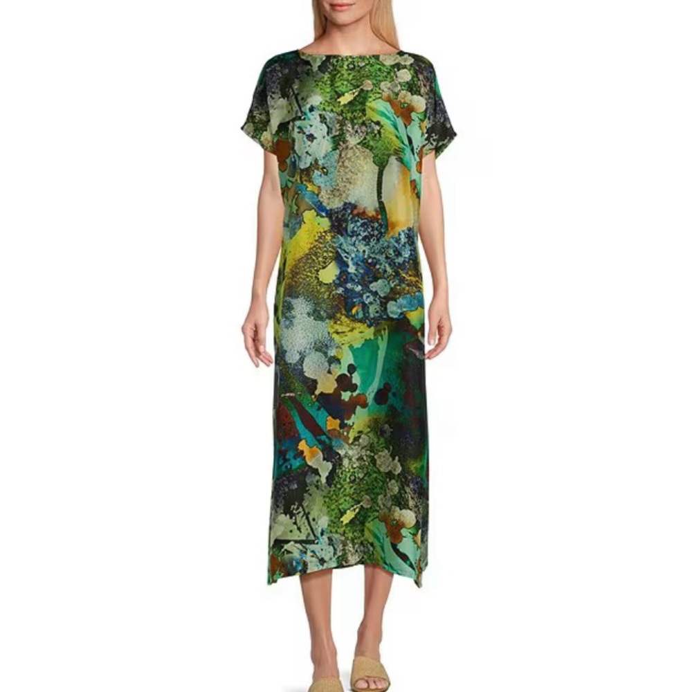bryn Walker Multicolor Abstract Green Blue Midi Dress